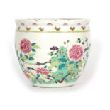 AN 18th CENTURY CHINESE JARDINIERE OF BULBOUS FORM decorated with brightly coloured chrysanthemums