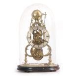 A 19TH CENTURY BRASS SKELETON CLOCK with eight-day fusee timepiece movement, scalloped silvered dial