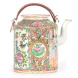 A 19TH CENTURY CYLINDRICAL CANTONESE TEAPOT AND COVER with multi-coloured enamelled decoration of