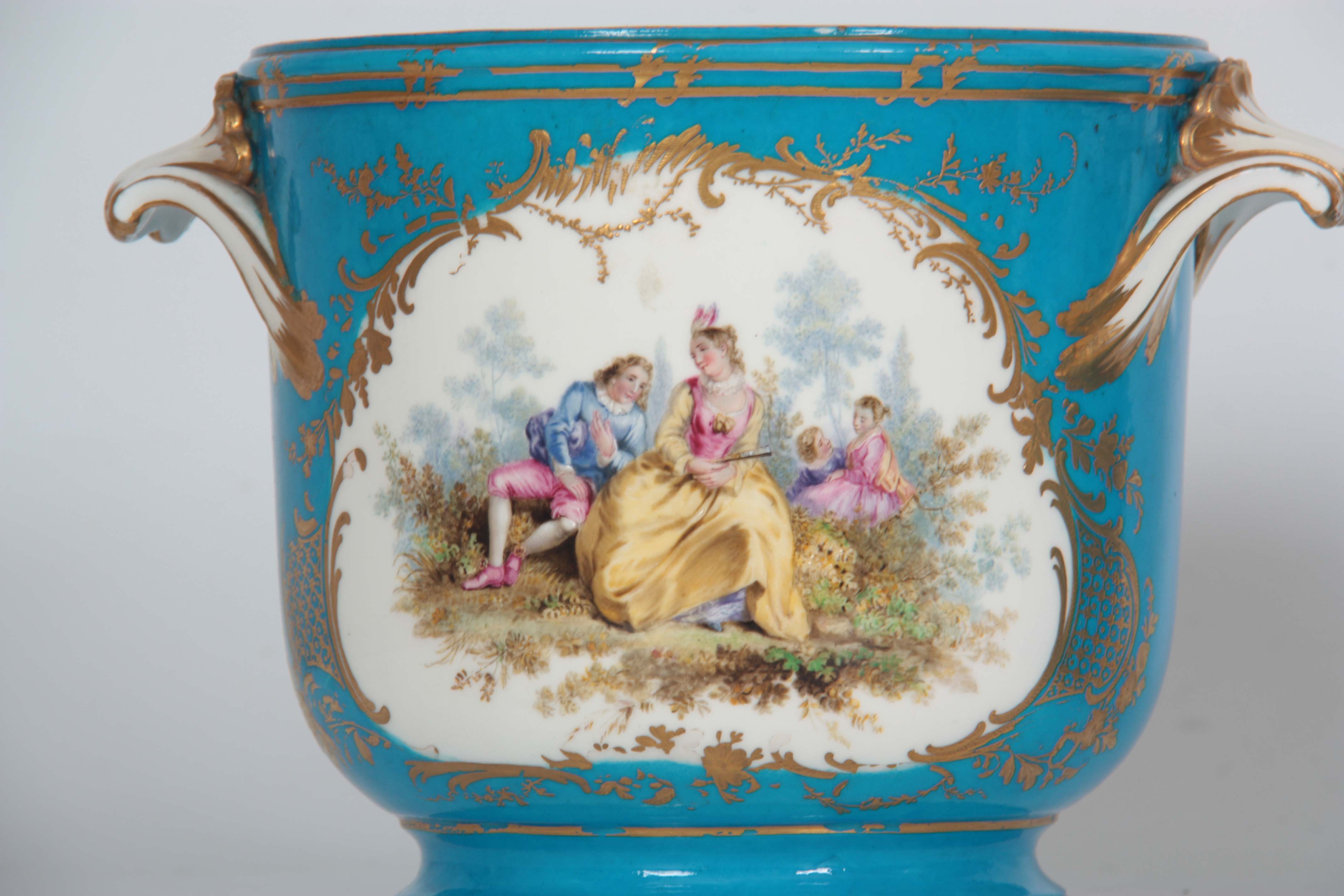 A PAIR OF 19TH CENTURY SEVRES PATTERN LARGE TWO-HANDLED JARDINIERES with gilt-edged leaf work - Image 3 of 9