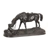 PIERRE JULES MENE. A LARGE LATE 19TH CENTURY BRONZE SCULPTURE modelled as a horse and hound on