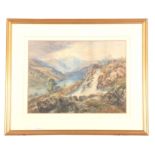H H LONGMIRE - 19TH CENTURY WATERCOLOUR figures in a lake and river mountainous setting 36cm high