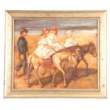 A LATE 19TH CENTURY IMPRESSIONIST PAINTING children taking pony rides on a beach 49cm high 59cm wide