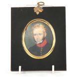 A 19TH CENTURY OVAL MINIATURE PORTRAIT ON IVORY head and shoulders of a young gentleman in