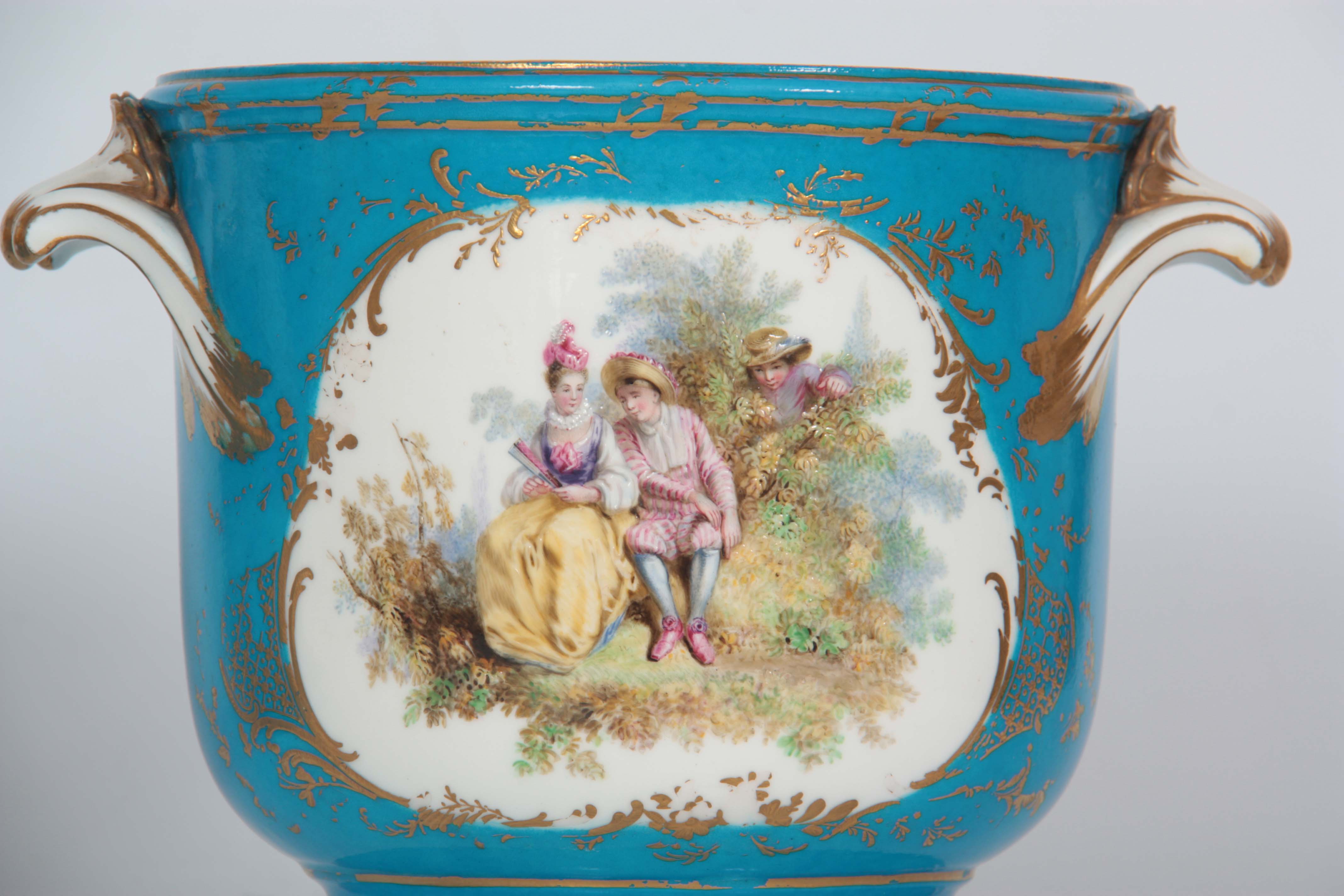 A PAIR OF 19TH CENTURY SEVRES PATTERN LARGE TWO-HANDLED JARDINIERES with gilt-edged leaf work - Image 4 of 9