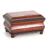 A 19TH CENTURY POLLARD OAK WORK BOX having ebonised mouldings and amboyna inlay to the lid and front