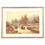 H LAWES - 19TH CENTURY WATERCOLOUR wooded river landscape scene with water tumbling through rocks