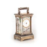 AN EARLY 20TH CENTURY SILVERED BRASS AND ENAMEL PANELLED MINIATURE BOUDOIR TIMEPIECE - probably
