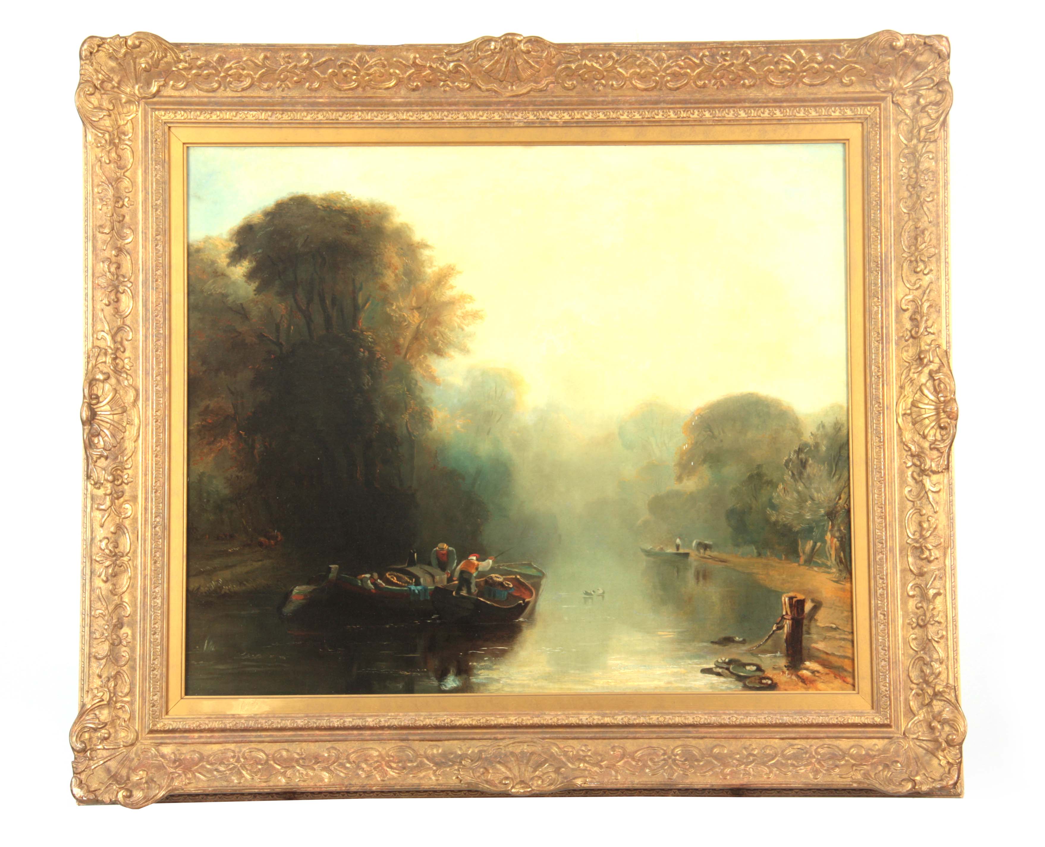 19TH CENTURY CONTINENTAL SCHOOL - OIL ON RE-LINED CANVAS wooded river landscape scene with figures