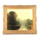 19TH CENTURY CONTINENTAL SCHOOL - OIL ON RE-LINED CANVAS wooded river landscape scene with figures