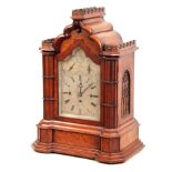 A LATE 19TH CENTURY BURR WALNUT EIGHT BELL QUARTER CHIMING BRACKET CLOCK the case with castellated