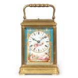 A FINE LATE 19TH CENTURY FRENCH GILT BRASS GORGE CASE SEVRES STYLE PORCELAIN PANELLED CARRIAGE CLOCK