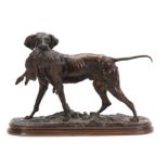 AFTER PIERRE JULES MENE. AN EARLY 20TH CENTURY PATINATED BRONZE SCULPTURE modelled as a gun dog