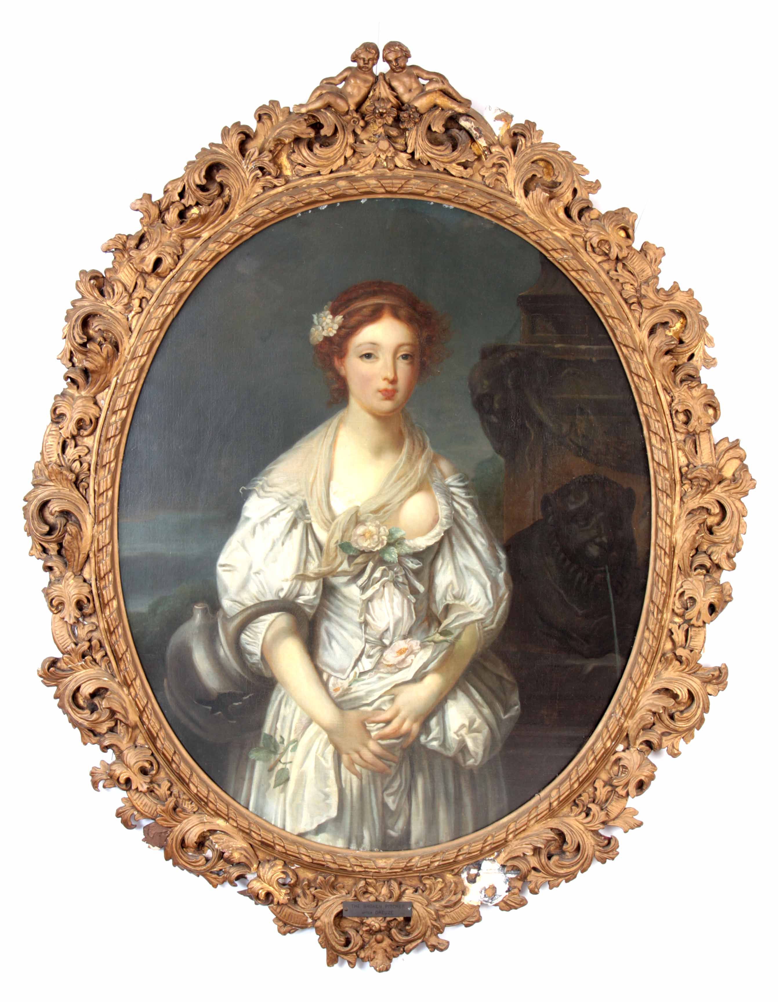 A LARGE EARLY 19TH CENTURY OVAL EROTIC PORTRAIT OF A YOUNG LADY ENTITLED 'THE BROKEN PITCHER'