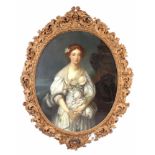 A LARGE EARLY 19TH CENTURY OVAL EROTIC PORTRAIT OF A YOUNG LADY ENTITLED 'THE BROKEN PITCHER'