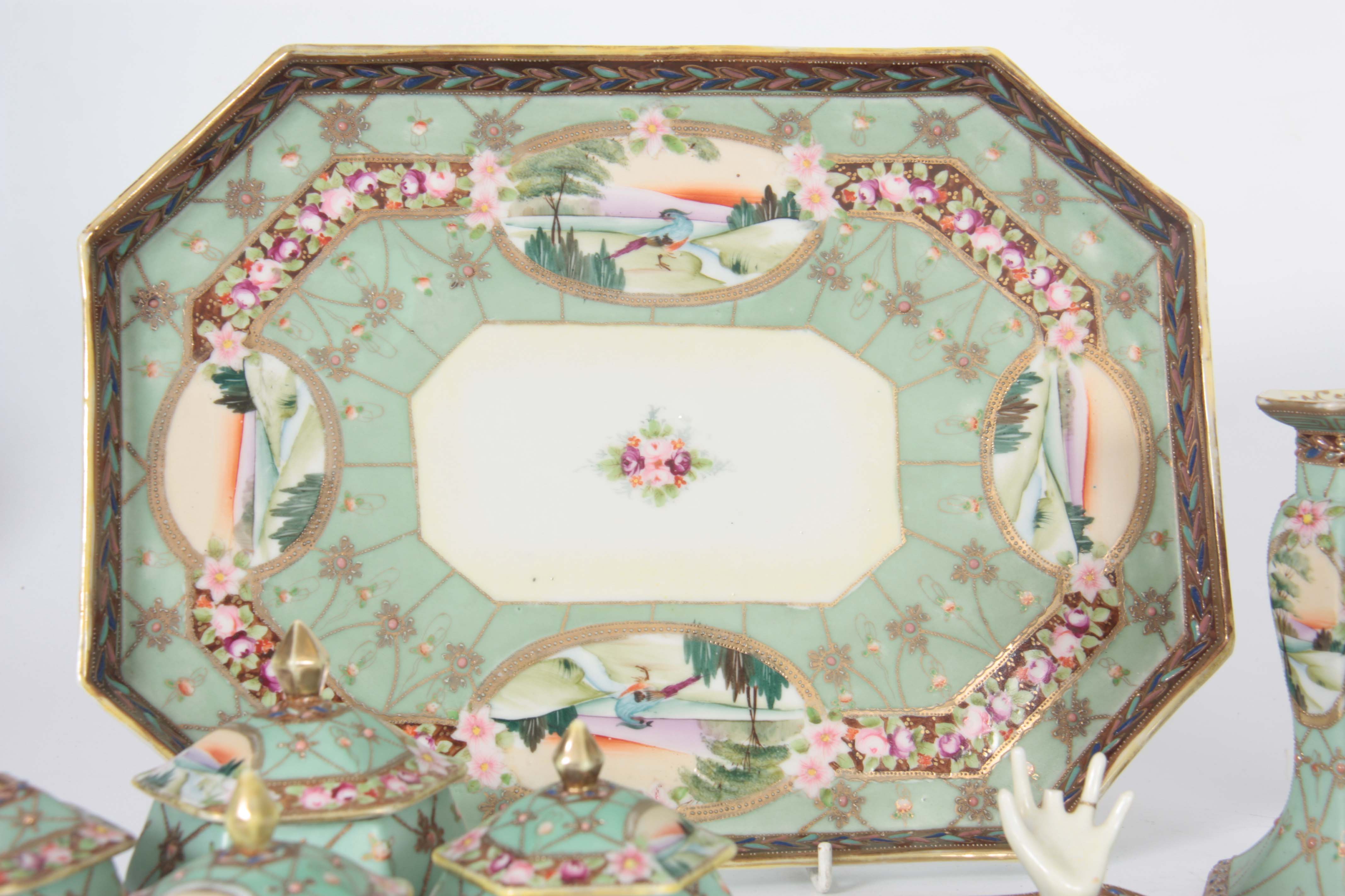 A JAPANESE NORITAKE TRINKET SET having a duck egg blue ground and floral band decoration inset - Image 3 of 8