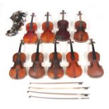 A COLLECTION OF NINE VIOLINS AND FOUR VIOLIN BOWS including one branded Duke beneath the button