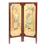 A PAIR OF EDWARDIAN SILK STUMPWORK EMBROIDERED PANELS MOUNTED IN A FOLDING MAHOGANY SCREEN of a