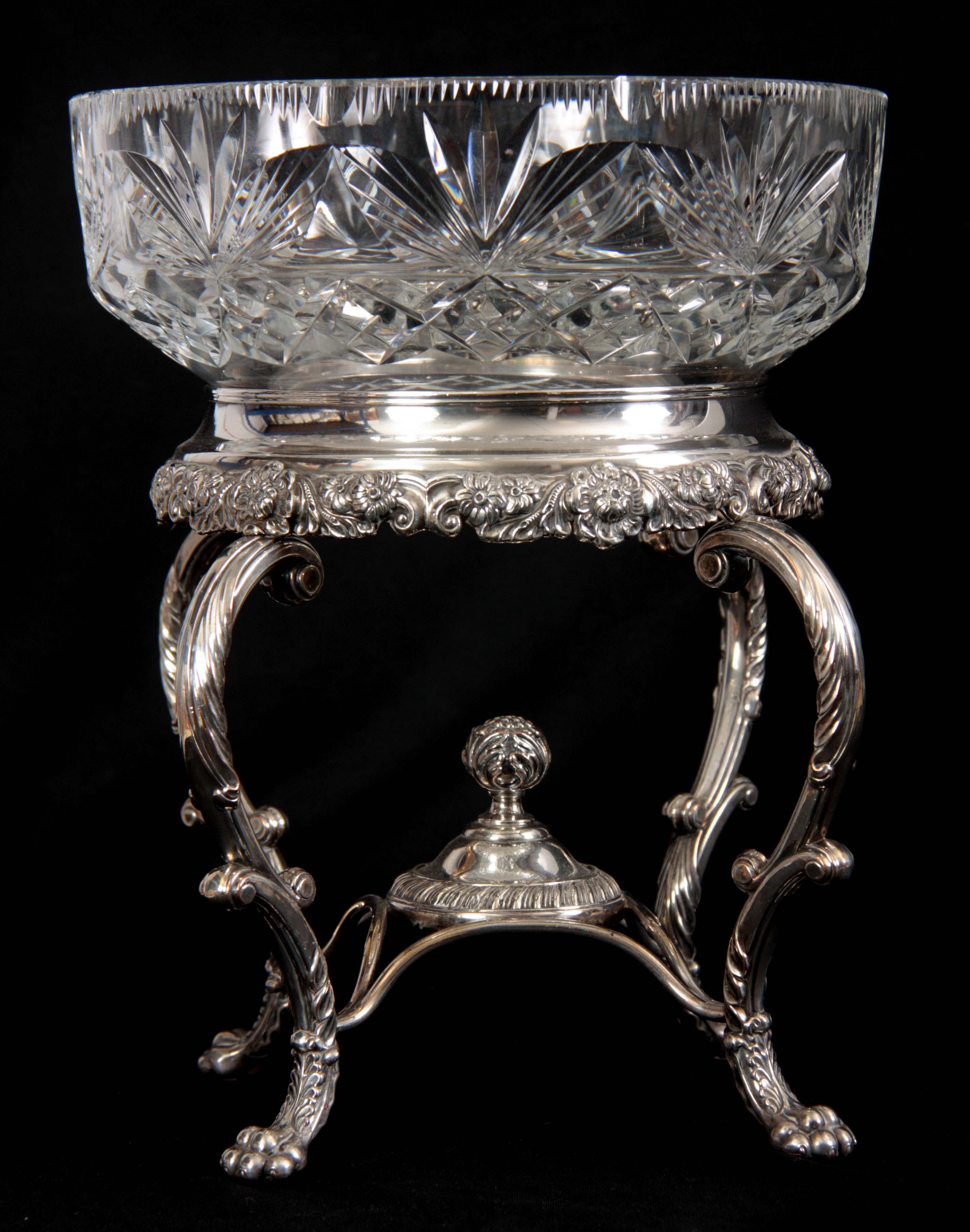 AN ORNATE ROCOCO STYLE 19TH CENTURY SHEFFIELD PLATE CENTREPIECE with later CUT GLASS FRUIT BOWL, the