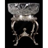 AN ORNATE ROCOCO STYLE 19TH CENTURY SHEFFIELD PLATE CENTREPIECE with later CUT GLASS FRUIT BOWL, the