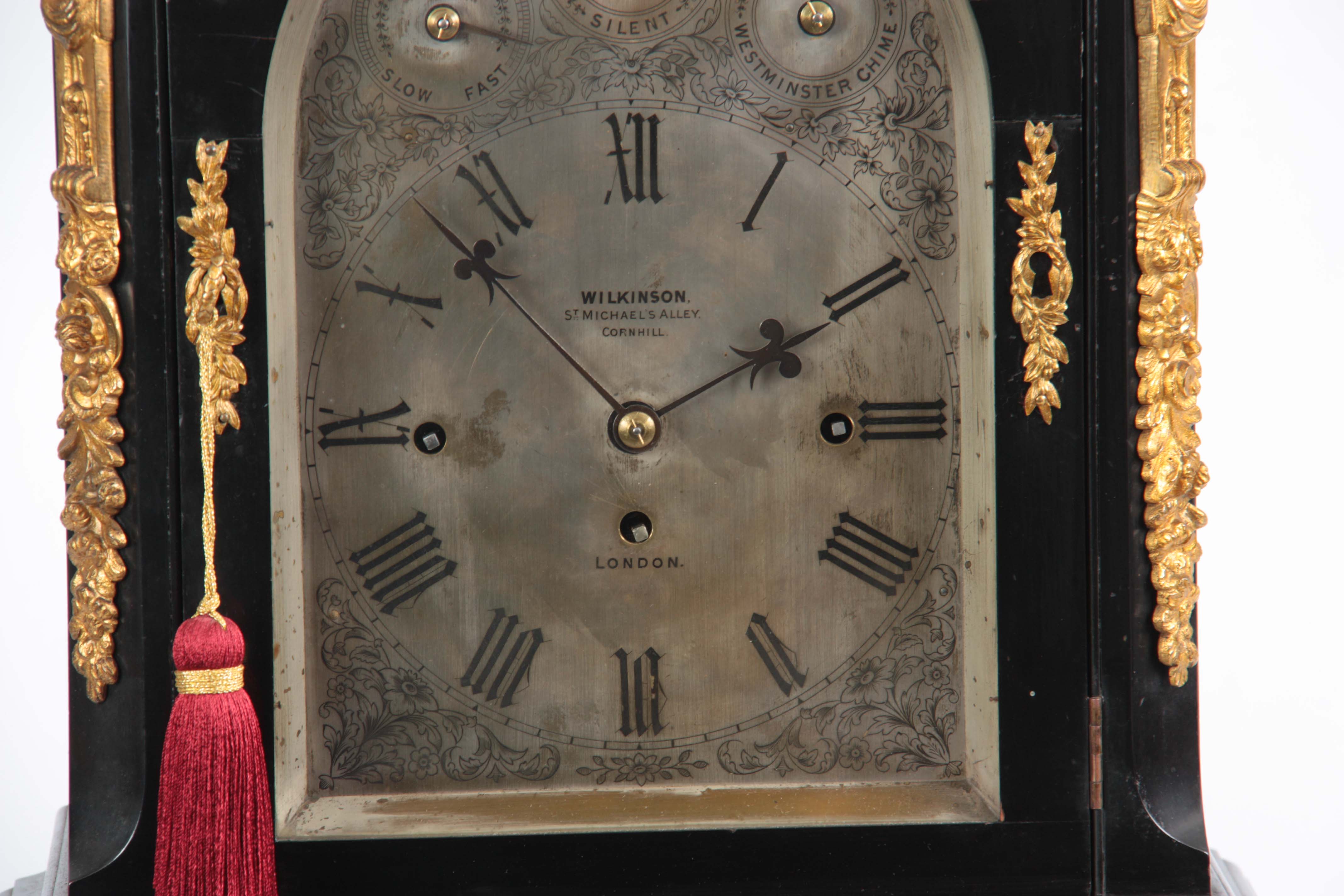 A LATE 19TH CENTURY EBONISED EIGHT BELL QUARTER CHIMING BRACKET CLOCK the case with pagoda top - Image 3 of 10