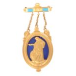 A 1930's 9CT GOLD AND BLUE ENAMEL MASONIC JEWEL depicting Aegros Sanat Humanitas (Kindness Heals the