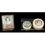 TWO 19TH CENTURY FRENCH IVORY AND TORTOISESHELL LINED CIRCULAR TRINKET BOXES with painted female