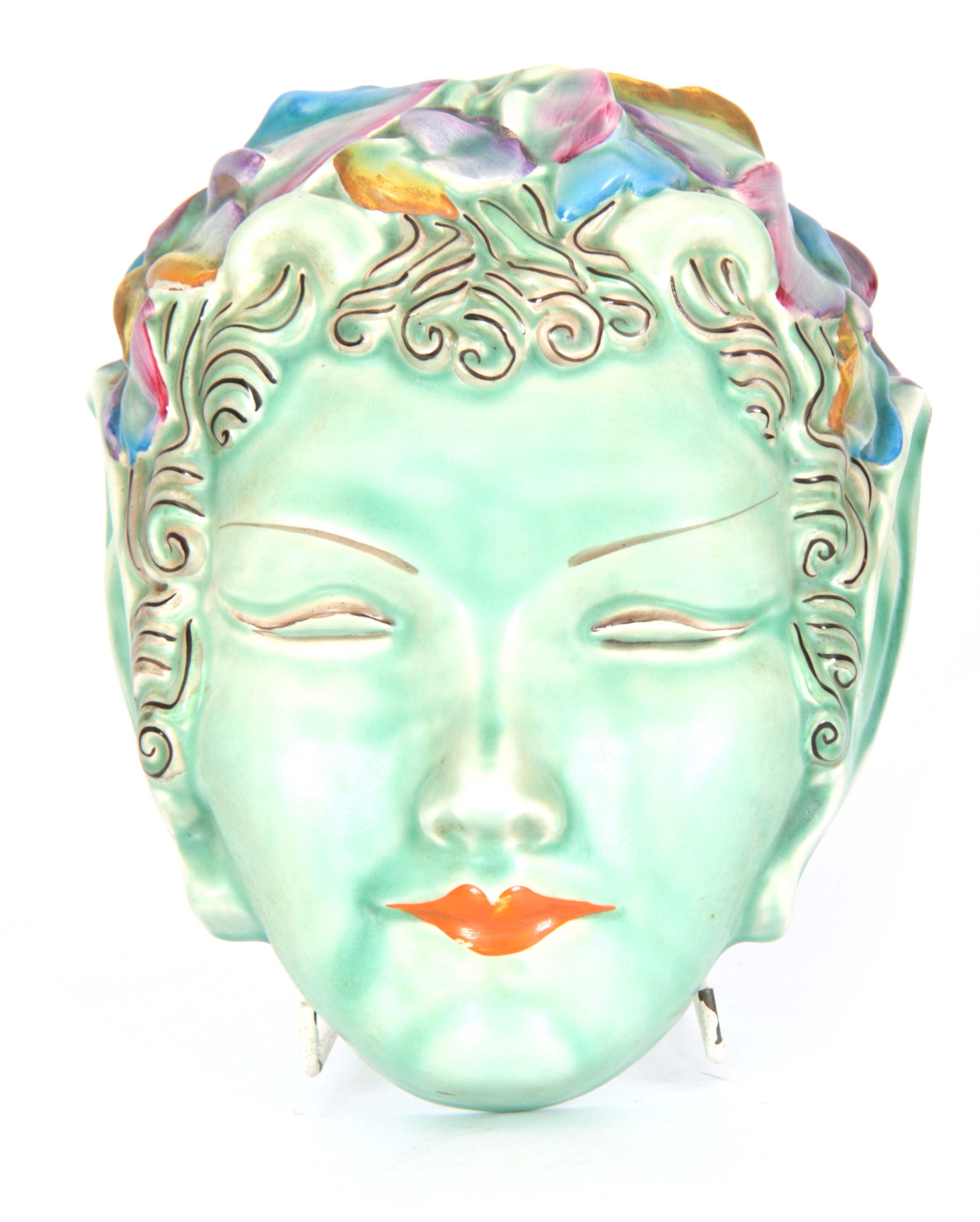 A 20TH CENTURY CLARICE CLIFF HANGING WALL MASK / POCKET depicting an oriental lady with brightly