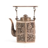 AN UNUSUAL LATE 19TH CENTURY HEXAGONAL CHINESE SILVER TEAPOT with split flat top handle above a