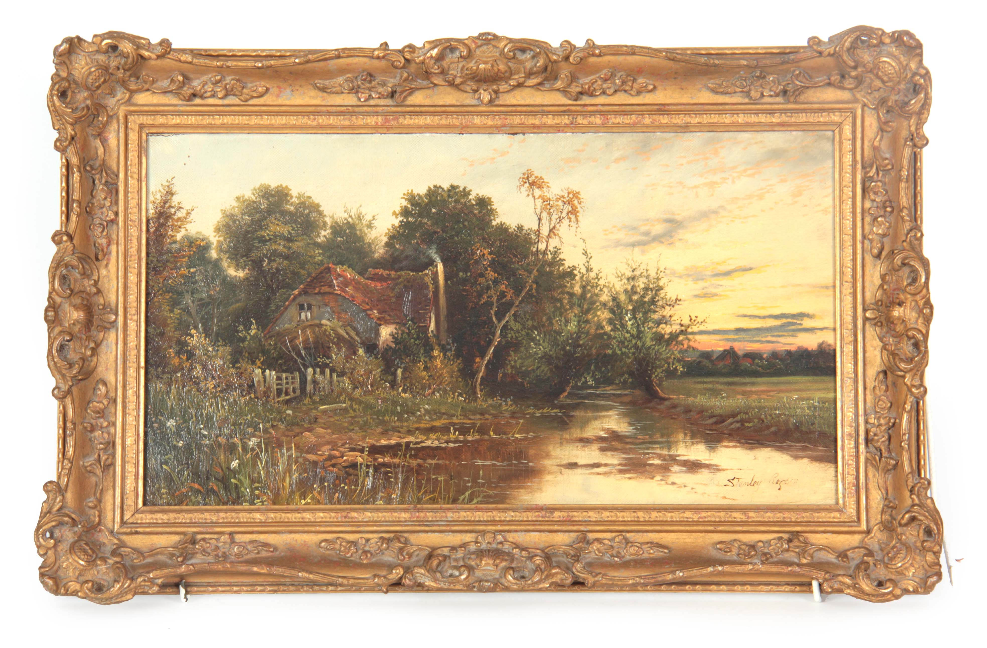 STANLEY ROGERS - 19TH CENTURY OIL RE-LINED CANVAS river landscape scene with thatched cottage to the