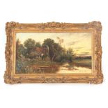 STANLEY ROGERS - 19TH CENTURY OIL RE-LINED CANVAS river landscape scene with thatched cottage to the