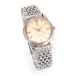 A GENTLEMAN'S STEEL OMEGA AUTOMATIC SEAMASTER WRIST WATCH on omega bracelet, the champagne dial with