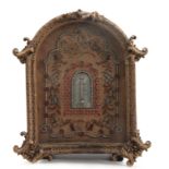 A LATE 19TH CENTURY EMBROIDERED TAPESTRY WALL MOUNTED THERMOMETER with beaded border and