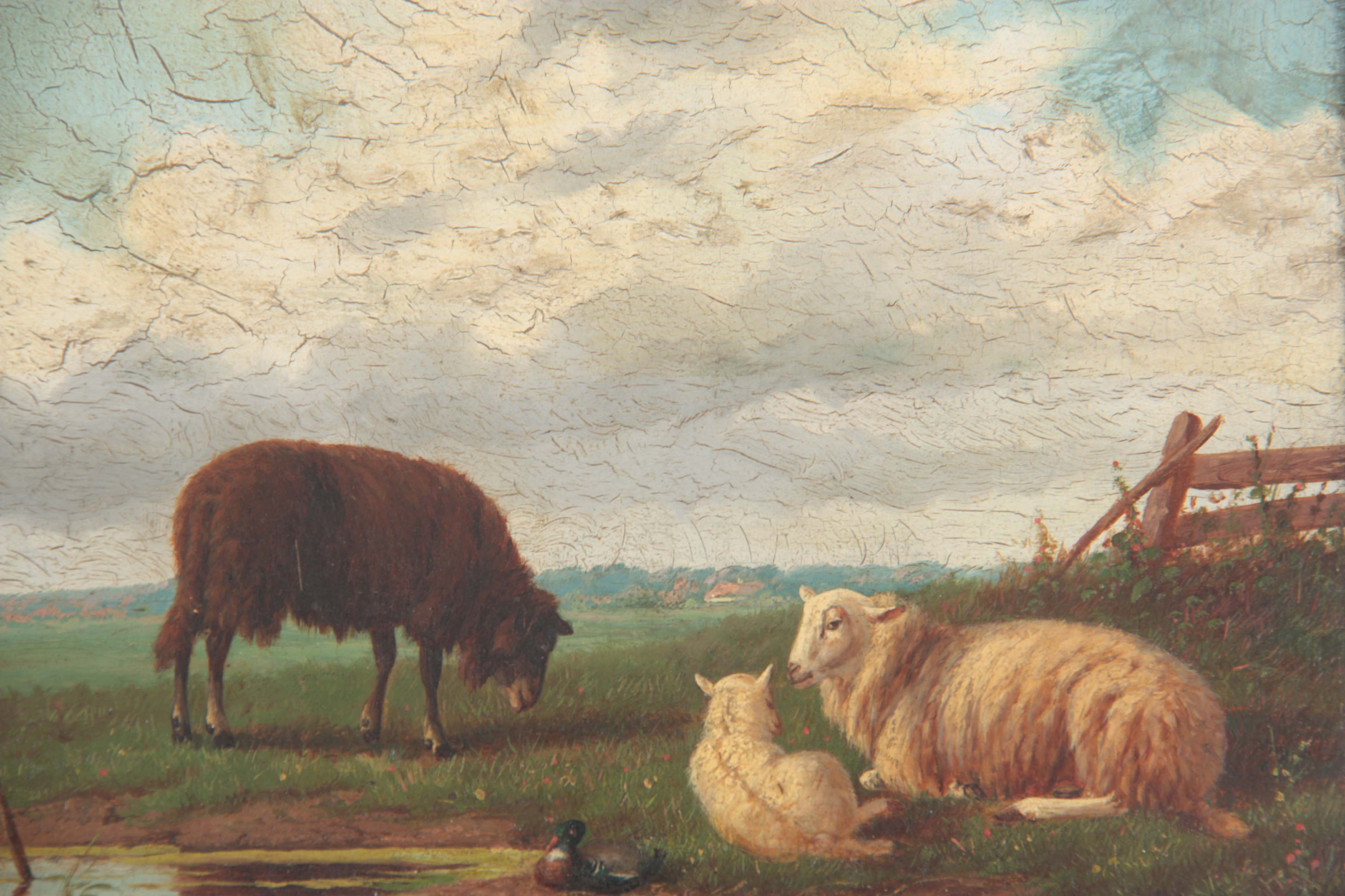 19TH CENTURY OIL ON MAHOGANY PANEL sheep in a landscape by water 20cm high 28.5cm wide bears - Image 2 of 4
