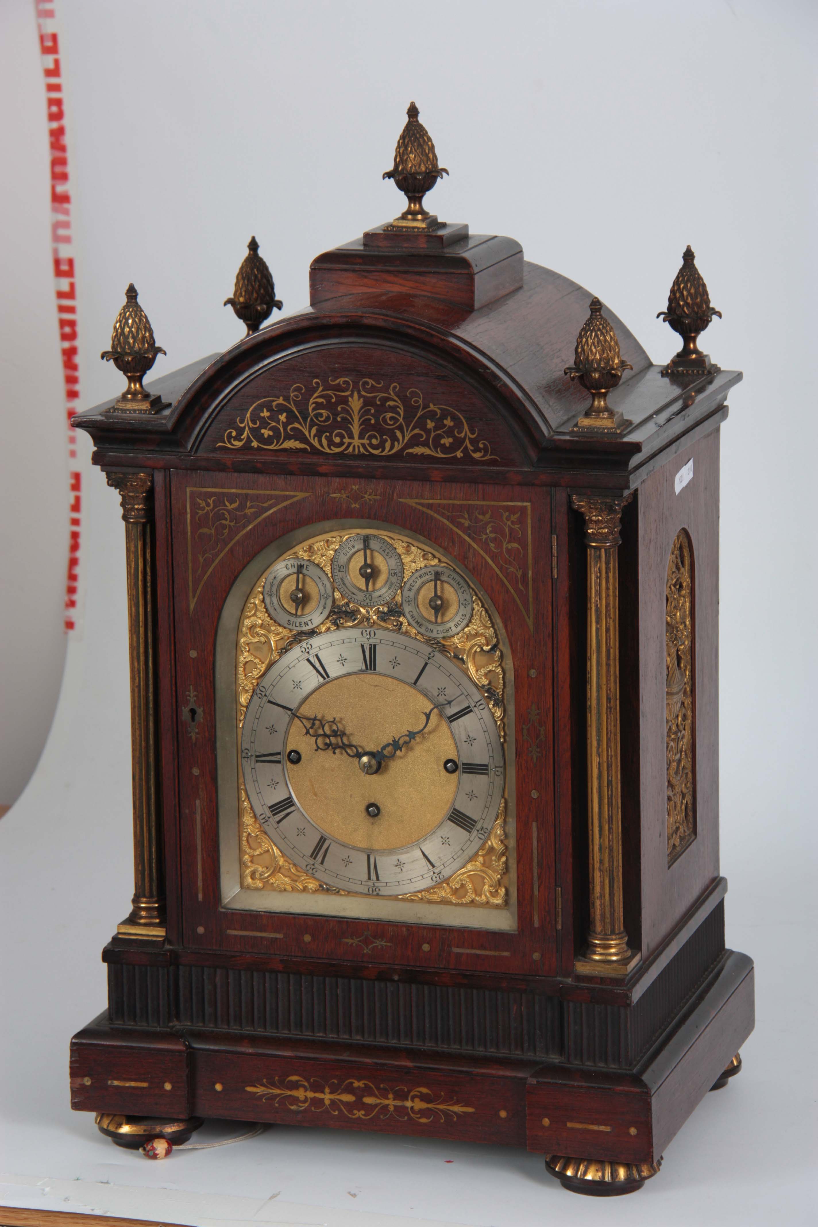 A LATE 19TH CENTURY ROSEWOOD BRASS INLAID EIGHT BELL QUARTER CHIMING BRACKET CLOCK the arched top - Image 2 of 8