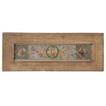 A 19TH CENTURY ILLUMINATED PANEL with figural and floral decoration 8.5cms by 39.5cms in gilt