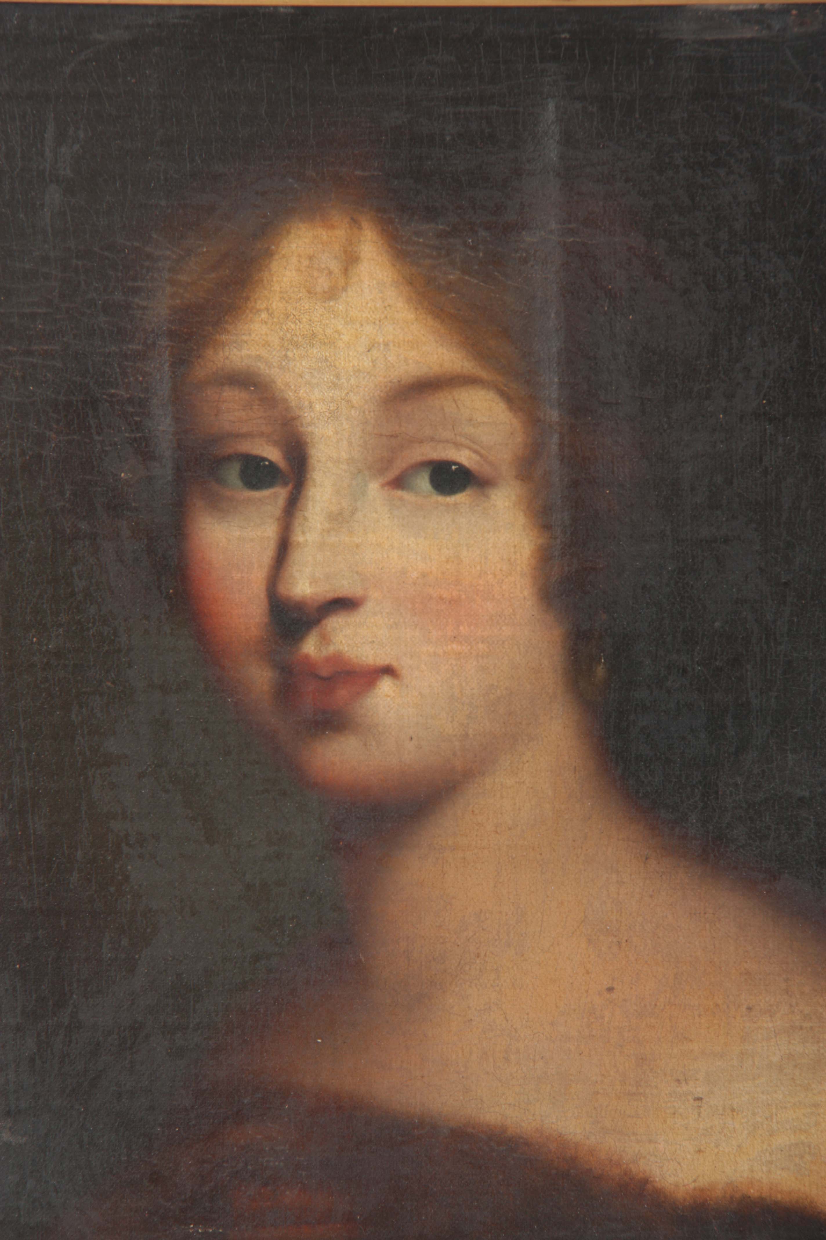 AN 18TH CENTURY OIL ON CANVAS. Portrait of a young woman with exposed shoulders and long brown - Image 4 of 5