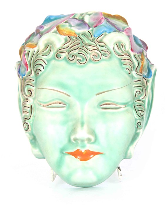 A 20TH CENTURY CLARICE CLIFF HANGING WALL MASK / POCKET depicting an oriental lady with brightly - Image 2 of 3