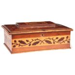 A 19TH CENTURY MARQUETRY INLAID YEW-WOOD KILLARNEY SEWING BOX with angled panelled hinged lid