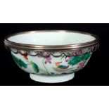 AN 18TH/19TH CENTURY CHINESE PORCELAIN BOWL with Silver Metal swagwork rim mount decorated in enamel