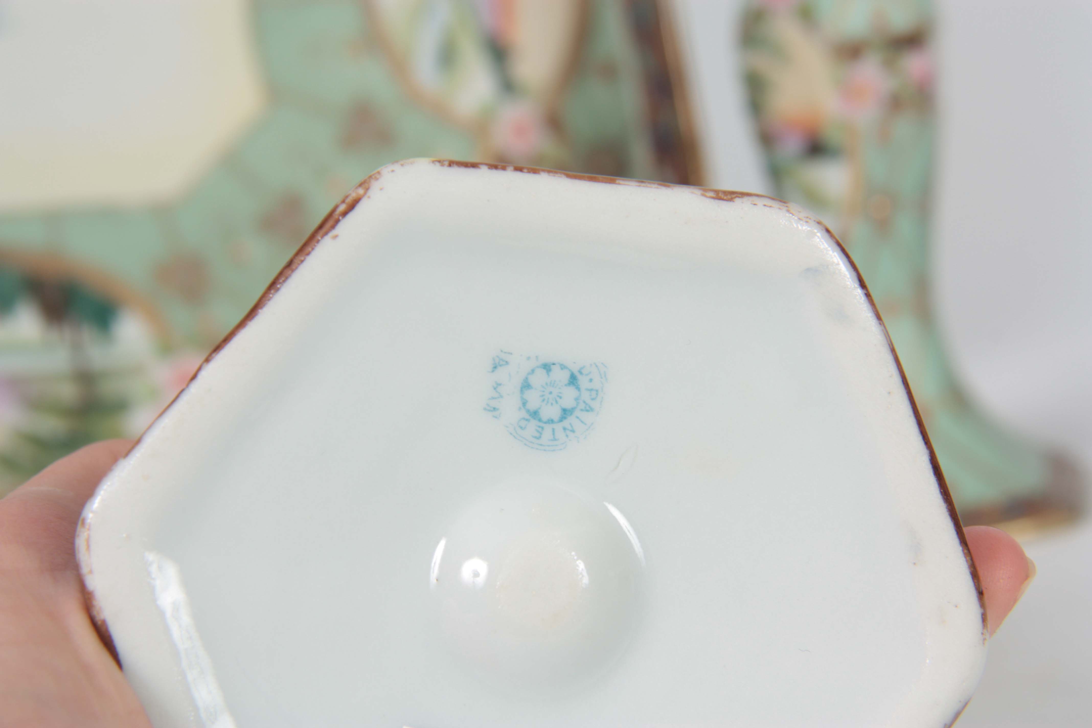 A JAPANESE NORITAKE TRINKET SET having a duck egg blue ground and floral band decoration inset - Image 8 of 8