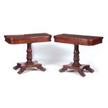 A PAIR OF LATE REGENCY FLAMED MAHOGANY CARD TABLES IN THE MANNER OF GILLOWS with cross-banded
