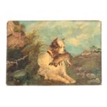 A LATE 19TH CENTURY OIL ON BOARD. Terrier with rabbit in mouth in a country setting 41cm high, 59.