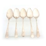A SET OF FIVE GEORGE III IRISH SILVER DESSERT SPOONS with rampant lion crests to the handles, 17cm
