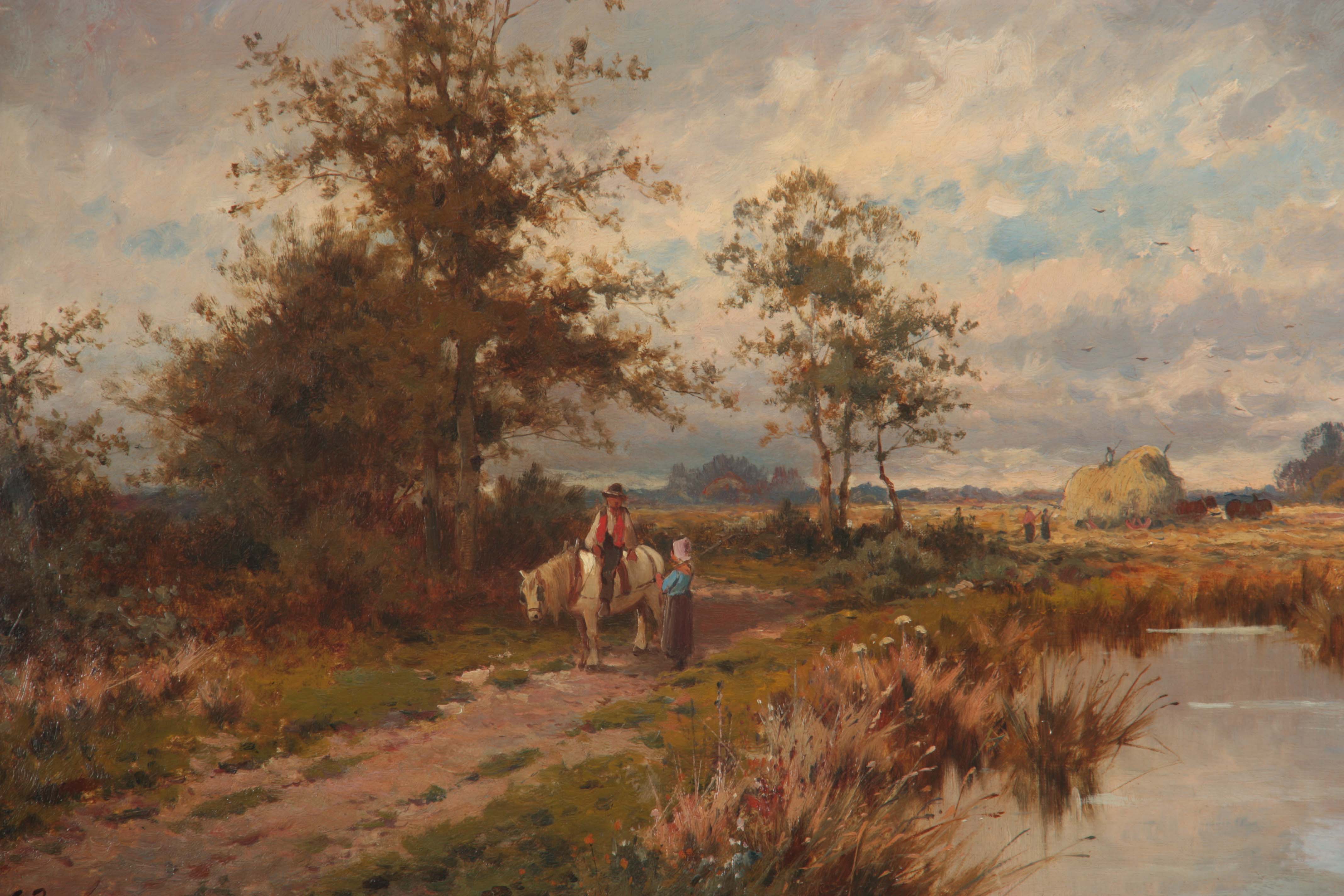 19TH CENTURY OIL ON CANVAS tree lined river landscape scene at harvest with horse and figures on a - Image 3 of 5