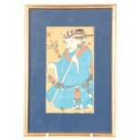 AN ANTIQUE INDIAN / PERSIAN PAINTED PORTRAIT of a dervish dressed in blue garb holding a staff and