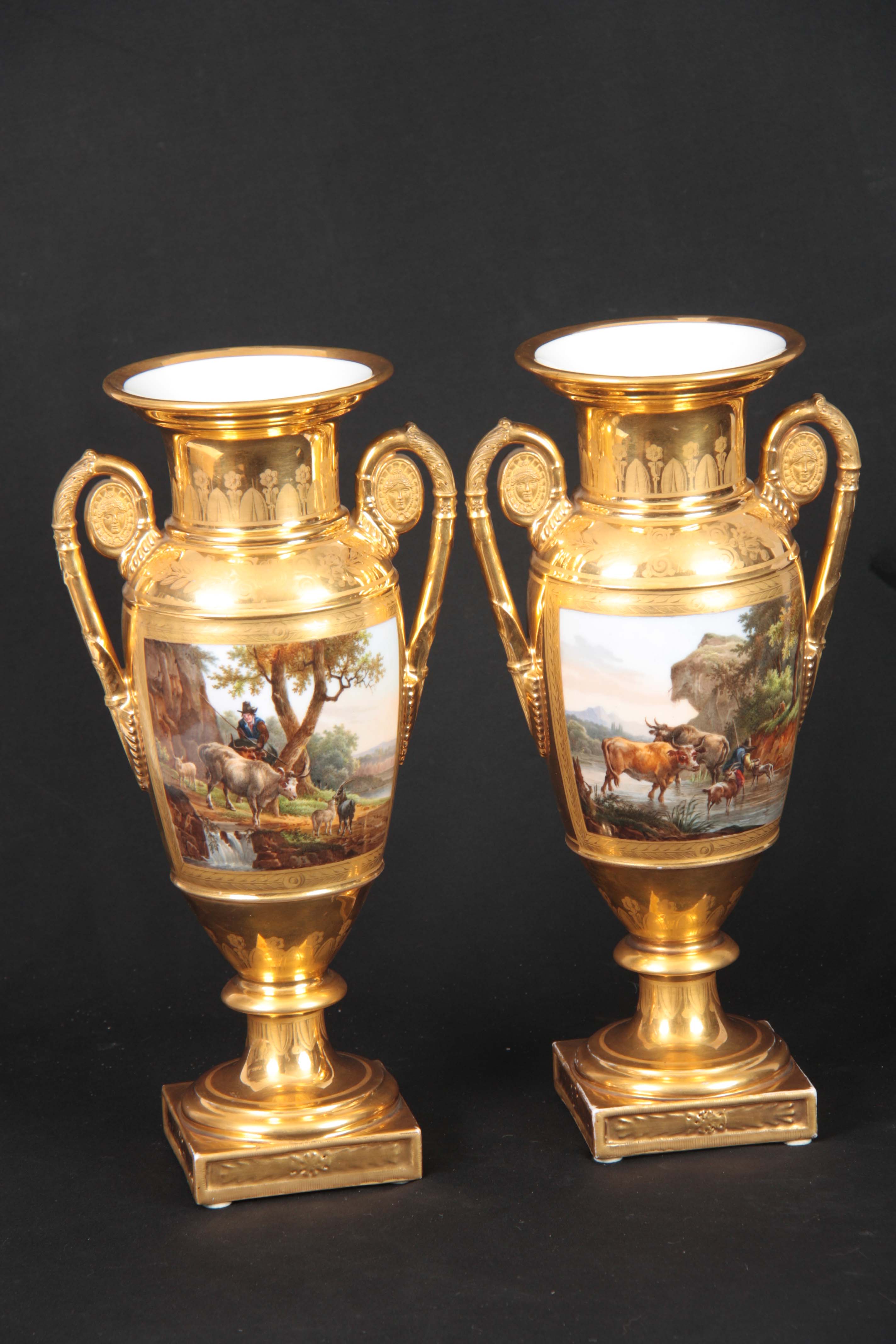 A PAIR OF EARLY 19TH CENTURY FRENCH EMPIRE PORCELAIN VASES of classical urn-shape with medallion-set - Image 4 of 12