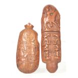 TWO 18TH/19TH CENTURY CARVED FOLK ART BOXWOOD CONTINENTAL SNUFF RASPS with figure and animal