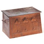 A COPPER ART NOVEAU STYLE LOG BIN with stylised tulips to the front and shaped carrying handles 62cm