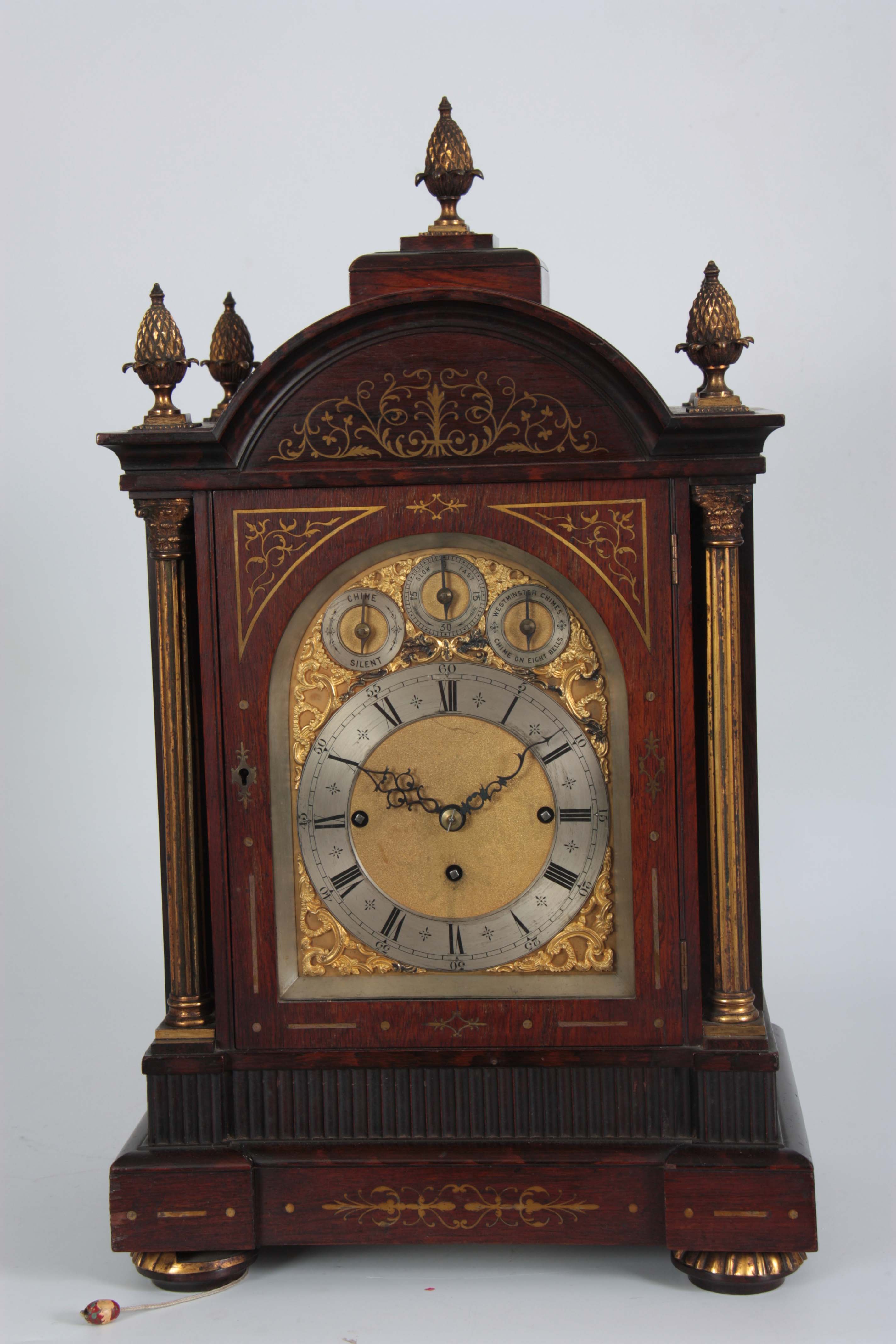 A LATE 19TH CENTURY ROSEWOOD BRASS INLAID EIGHT BELL QUARTER CHIMING BRACKET CLOCK the arched top - Image 4 of 8